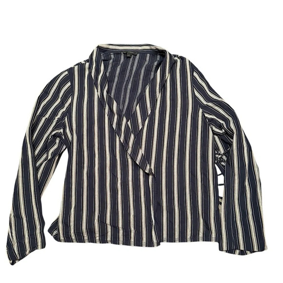 J. Crew Cotton Blend Blouse / Jacket Wrap Around Navy Blue Stripes SZ L - Picture 7 of 9